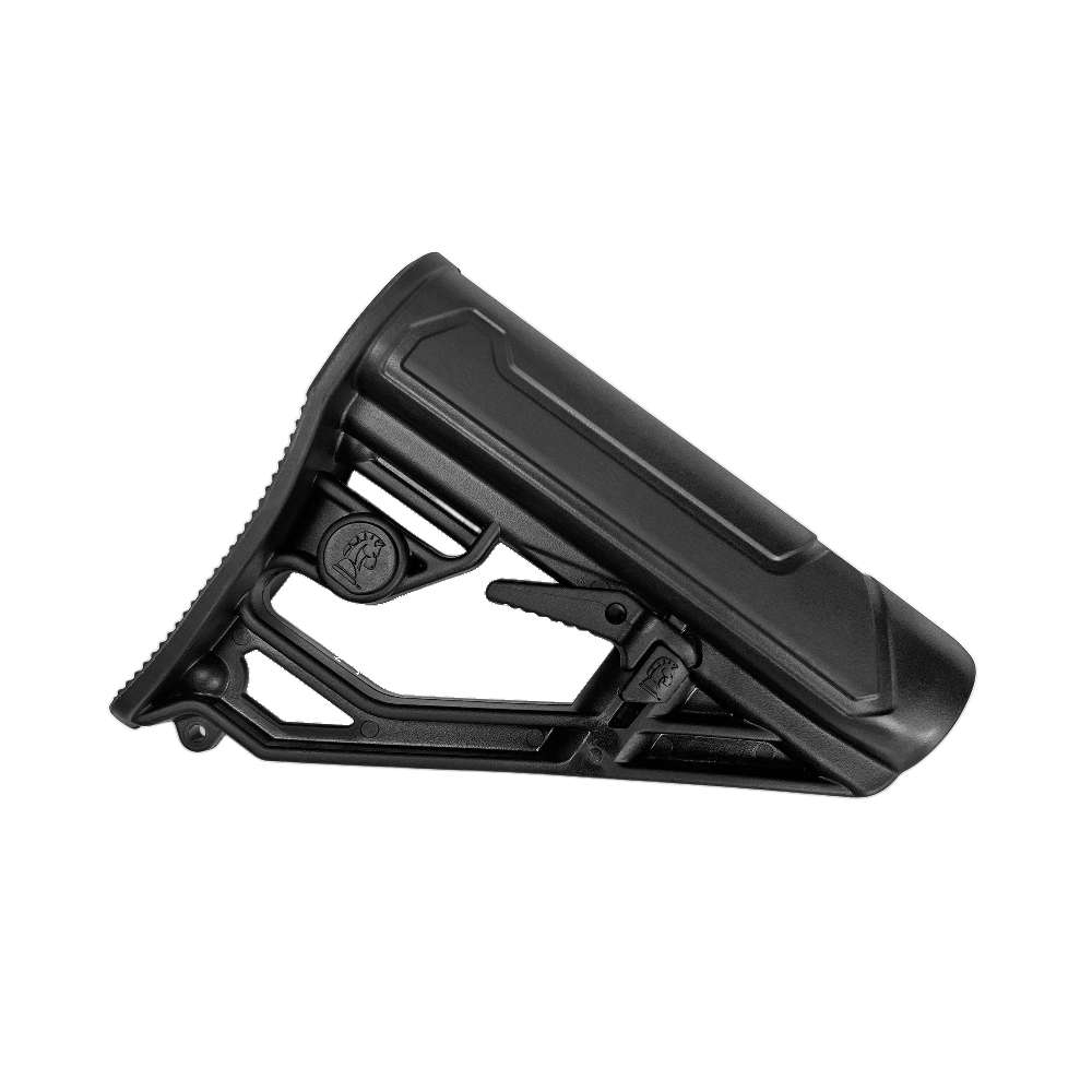 A black adjustable rifle stock buttstock with a textured cheek rest and a visible Adaptive mark, isolated on a transparent background.