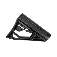A black adjustable rifle stock buttstock with a textured cheek rest and a visible Adaptive mark, isolated on a transparent background.
