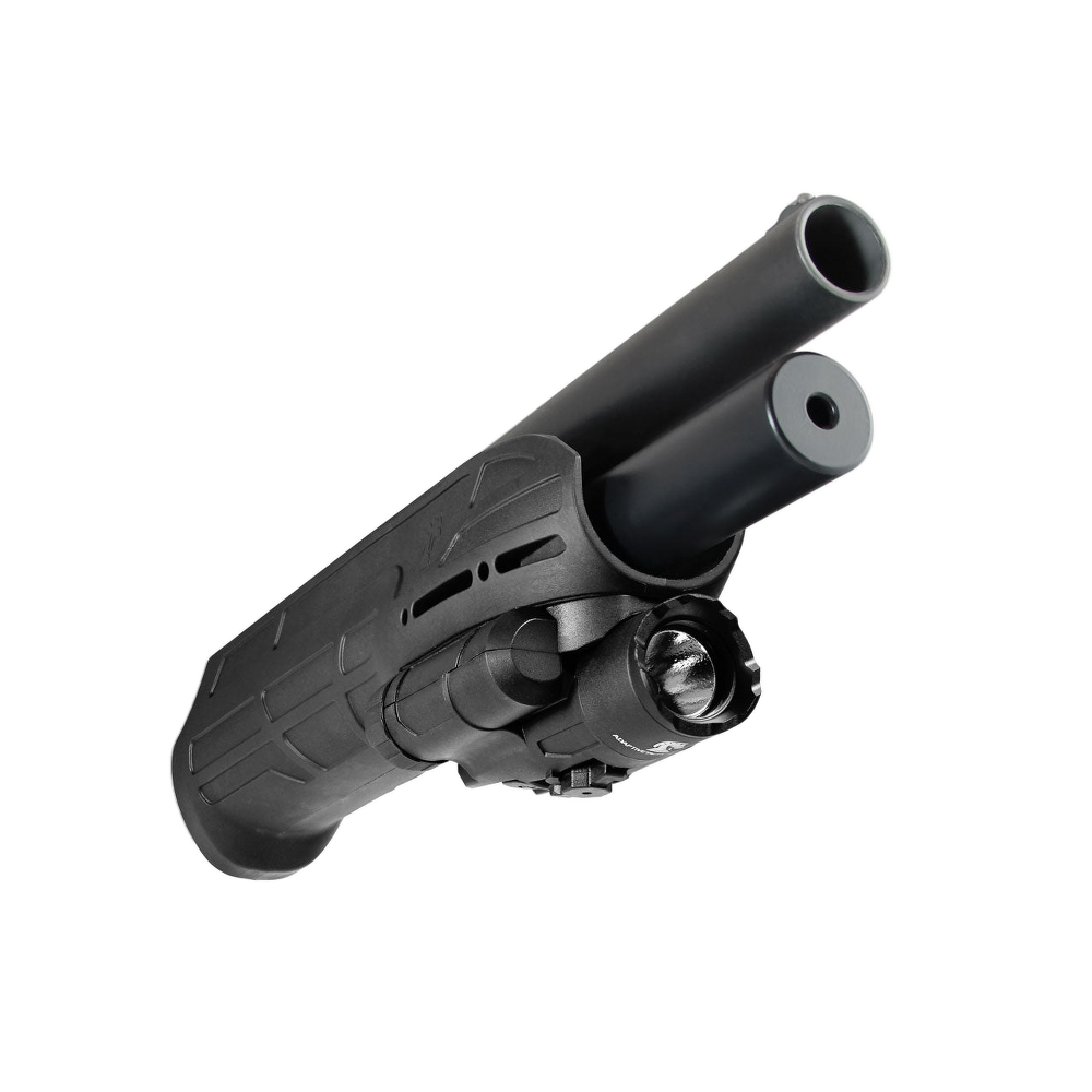 A black tactical shotgun stock with an integrated flashlight and a mounted suppressor, shown against a transparent background.