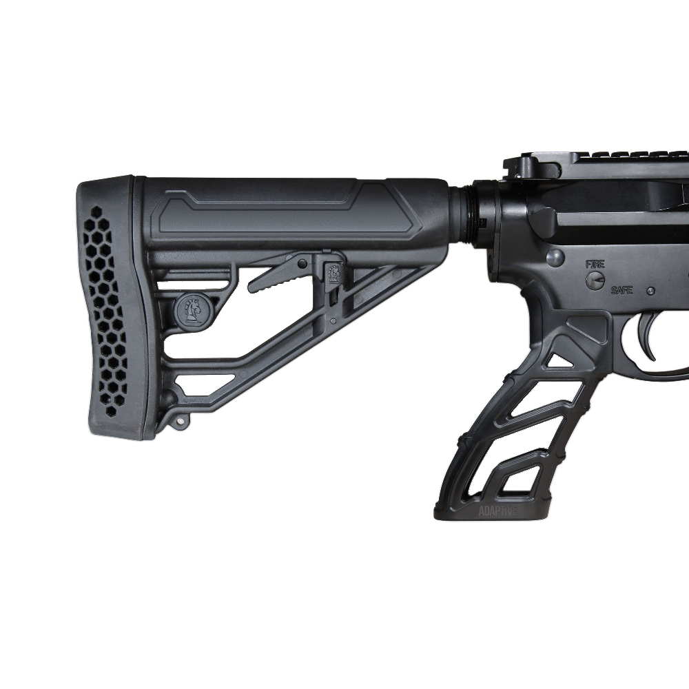 A close-up side view of a black tactical rifle stock and receiver assembly, showing the butt pad, adjustable stock mechanism, and handguard, isolated on a transparent background.