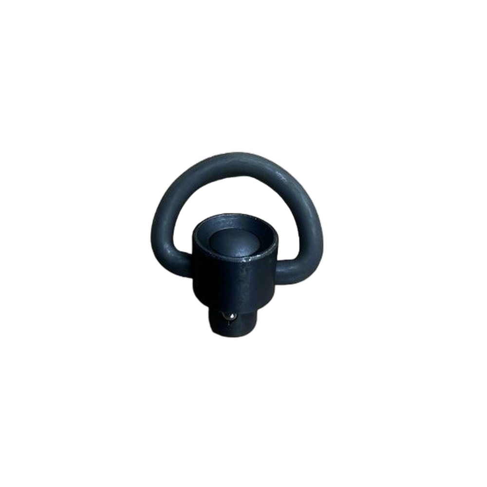 A heavy-duty black metal QD quick detach sling swivel showing locking ball bearings, isolated on a transparent background.