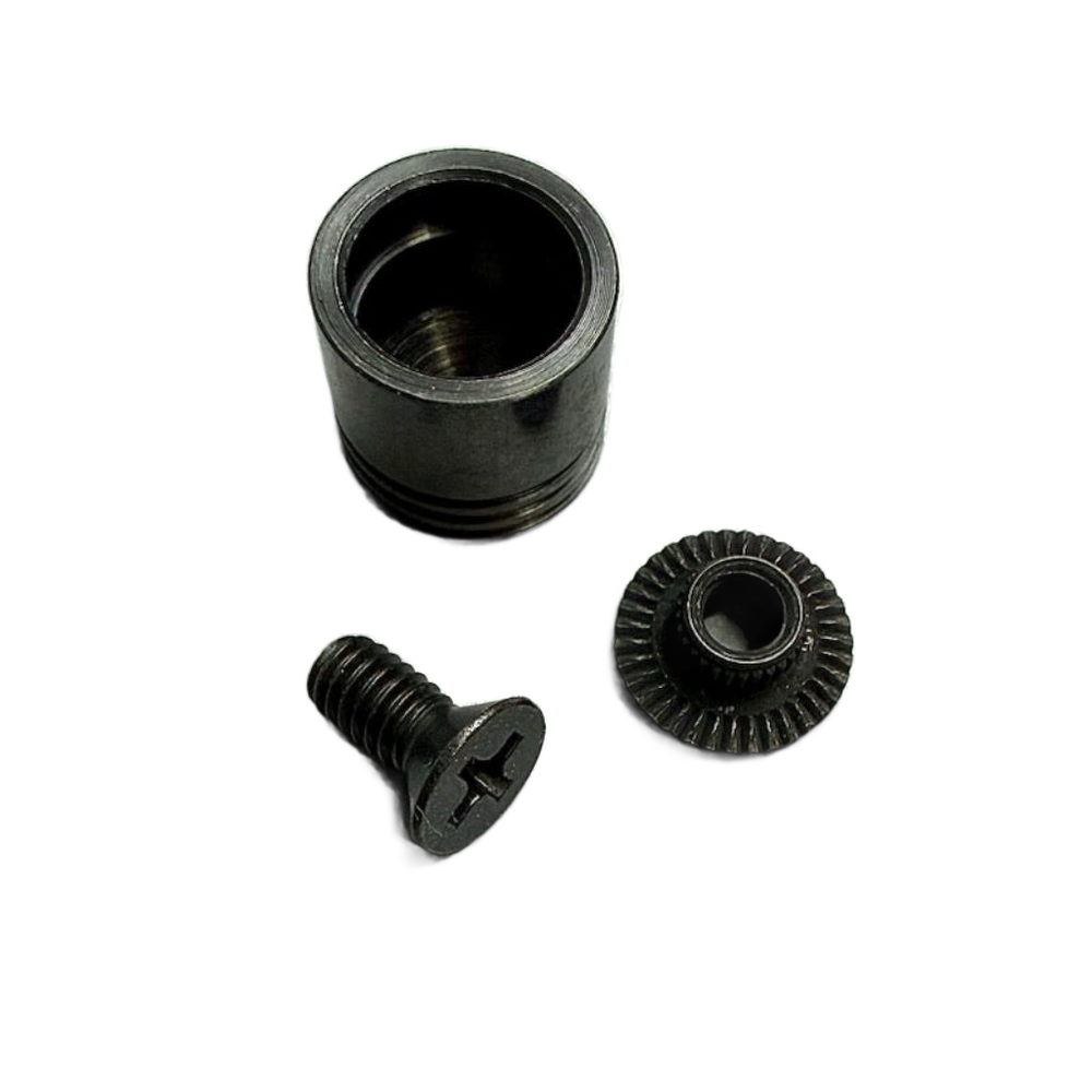 Three small black metal hardware components on a transparent background: a cylindrical sleeve, a threaded screw, and a small ring-shaped gear or clip.