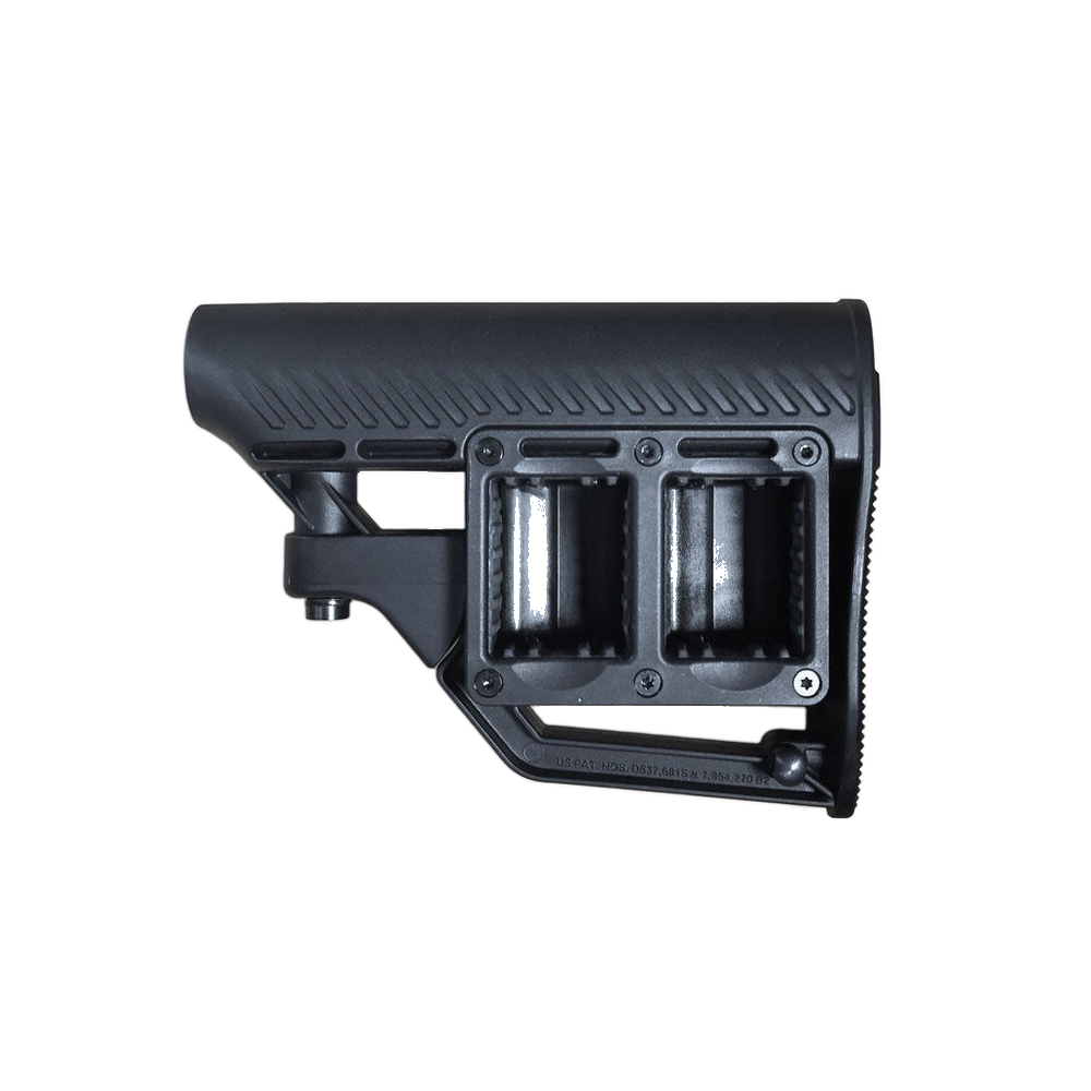 A black adjustable rifle stock with a textured grip and two vertical buttstock inserts, shown from a side profile view on a transparent background.