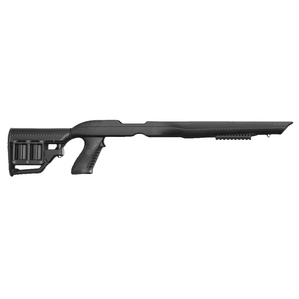 A black synthetic stock and forend assembly for a shotgun, shown in profile against a transparent background.