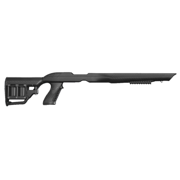 A black synthetic stock and forend assembly for a shotgun, shown in profile against a transparent background.