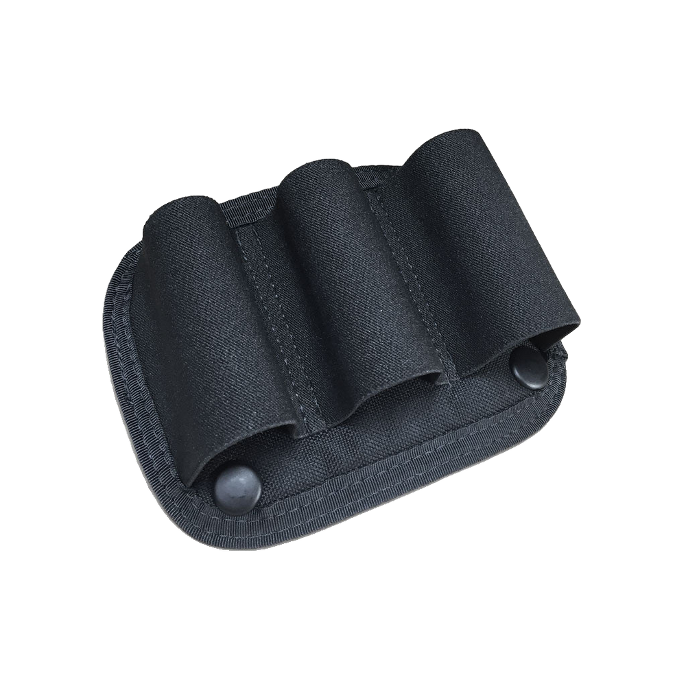 A black nylon multi-pocket holster or pouch with three vertical elastic loops and two snap-button closures, shown on a transparent background.