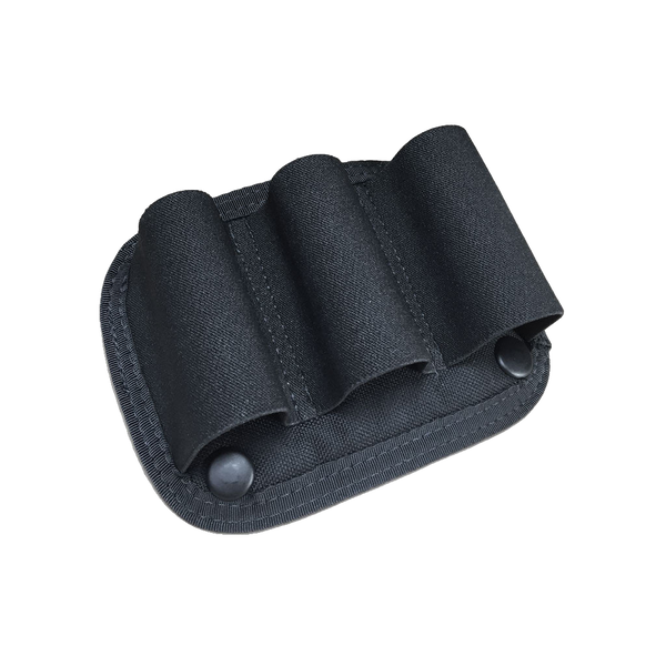 A black nylon multi-pocket holster or pouch with three vertical elastic loops and two snap-button closures, shown on a transparent background.