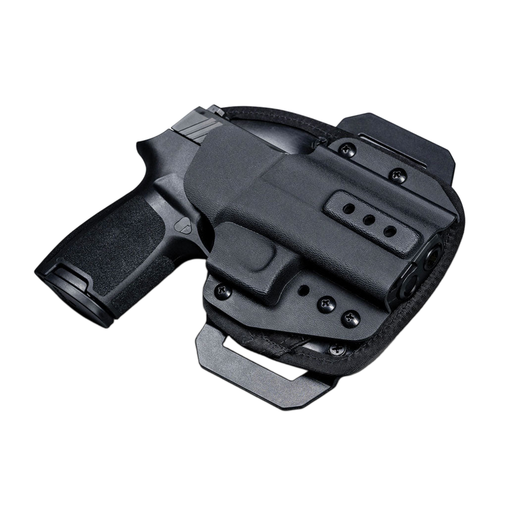 A black polymer holster shown with a handgun inserted, photographed on a transparent background.