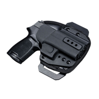 A black polymer holster shown with a handgun inserted, photographed on a transparent background.