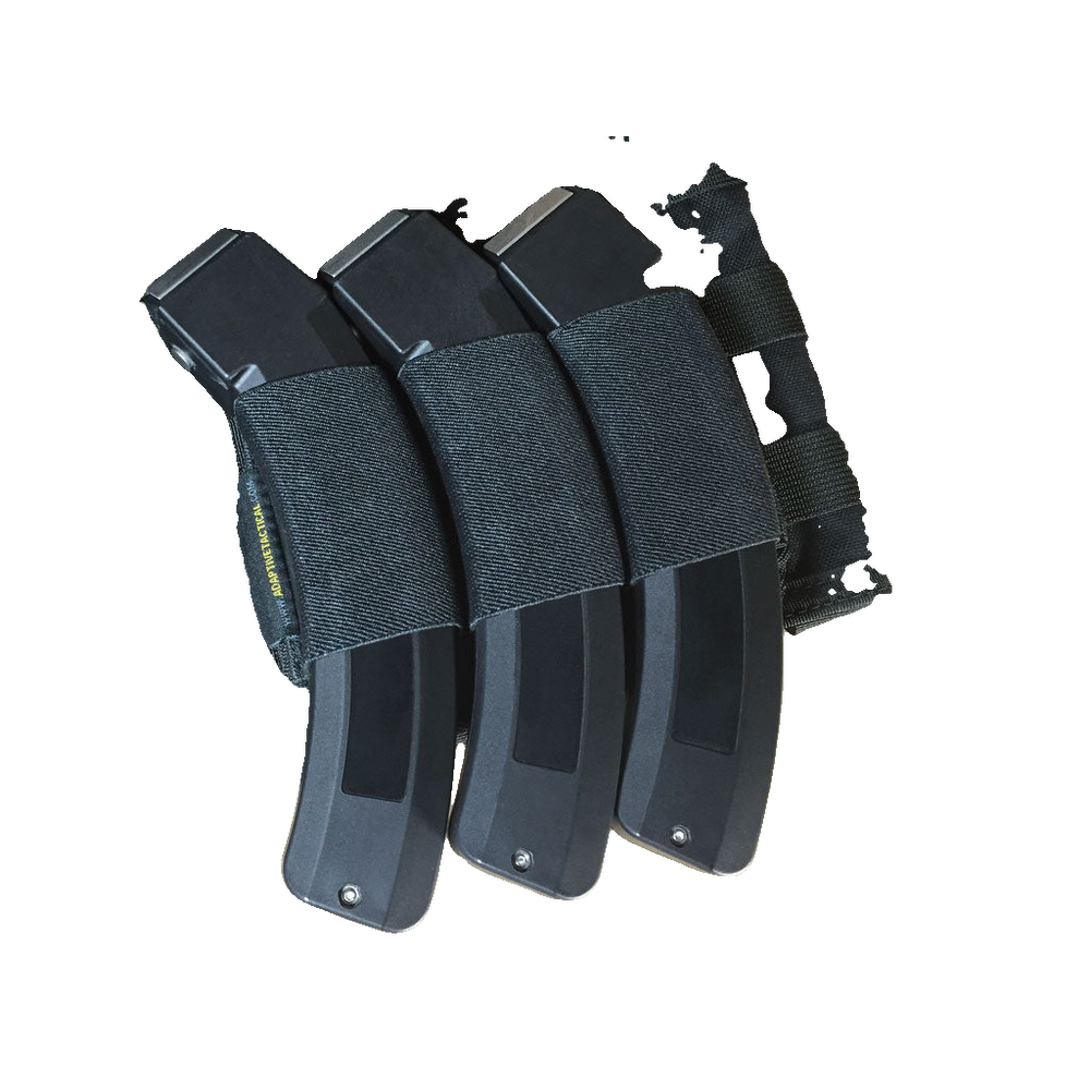 Three black tactical magazine pouches with black velcro straps, shown on a transparent background.