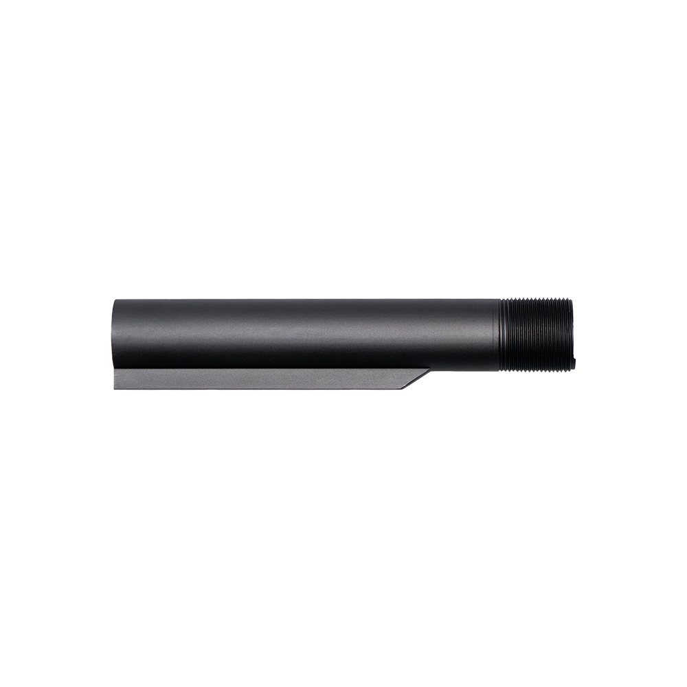 Full-length right-side profile view of a matte black aluminum receiver extension buffer tube showing threaded end and adjustment lip, isolated on a transparent background.