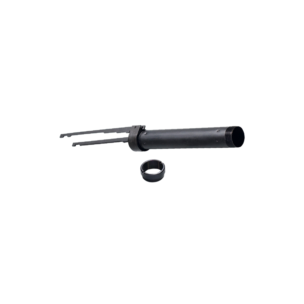 A black steel shotgun action slide tube assembly with dual action bars and threaded retention nut, isolated on a transparent background.