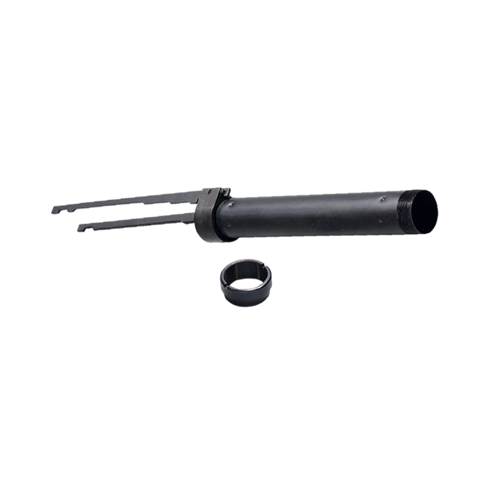 A black metal cylindrical tool with a forked extension and a separate black ring, photographed on a transparent background.