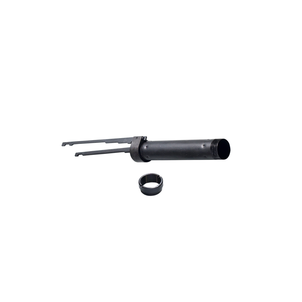 A black steel shotgun action slide tube assembly with dual action bars and threaded retention nut, isolated on a transparent background.