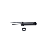 A black steel shotgun action slide tube assembly with dual action bars and threaded retention nut, isolated on a transparent background.