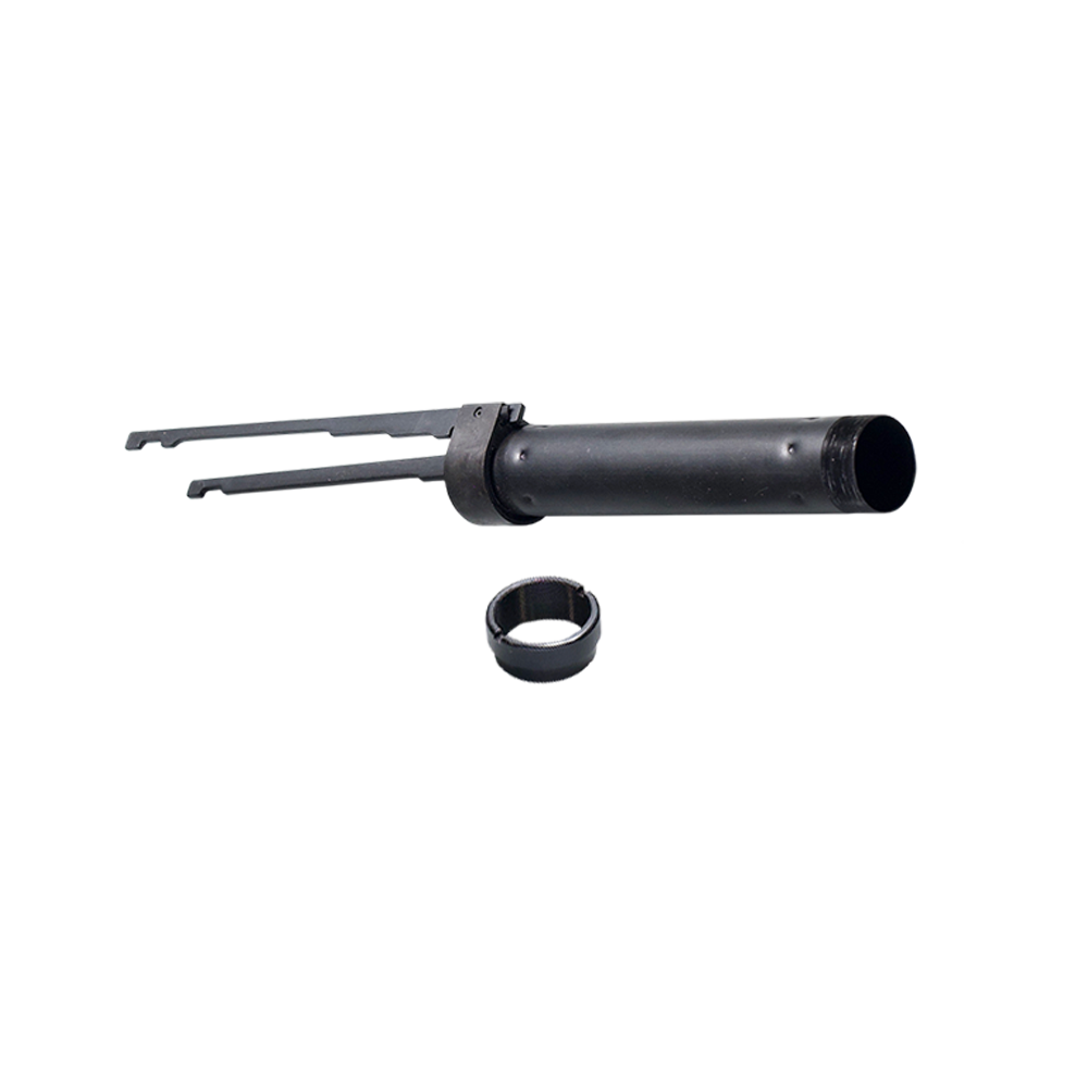 Close-up view of a black steel shotgun action slide tube with dual action bars and threaded collar nut, isolated on a transparent background.