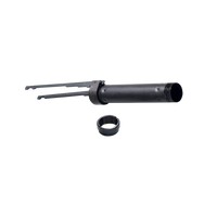 Close-up view of a black steel shotgun action slide tube with dual action bars and threaded collar nut, isolated on a transparent background.