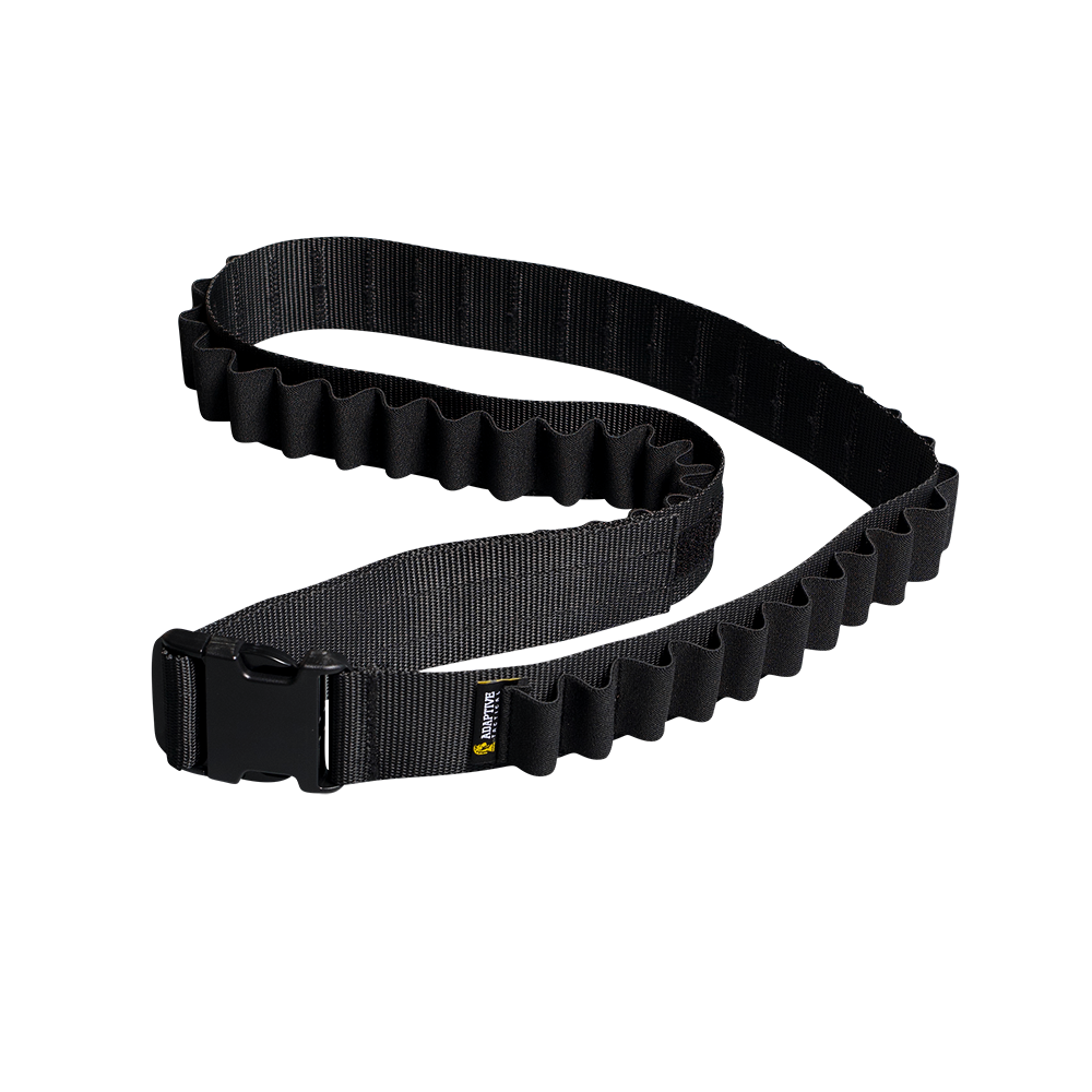 Three-quarter perspective view of an uncoiled black nylon shotgun bandolier belt featuring all-around elastic shell loops and a quick-release buckle, isolated on a transparent background.