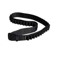 Three-quarter perspective view of an uncoiled black nylon shotgun bandolier belt featuring all-around elastic shell loops and a quick-release buckle, isolated on a transparent background.