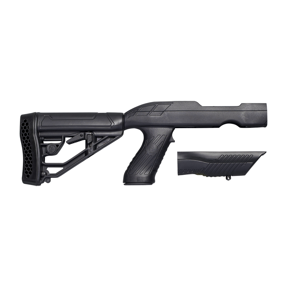 Full-length right-side profile view of a matte black synthetic shotgun furniture set featuring an adjustable stock with honeycomb recoil pad, pistol grip, and matching handguard forend, isolated on a transparent background.