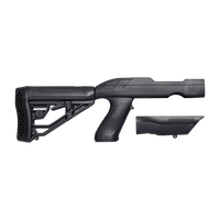 Full-length right-side profile view of a matte black synthetic shotgun furniture set featuring an adjustable stock with honeycomb recoil pad, pistol grip, and matching handguard forend, isolated on a transparent background.