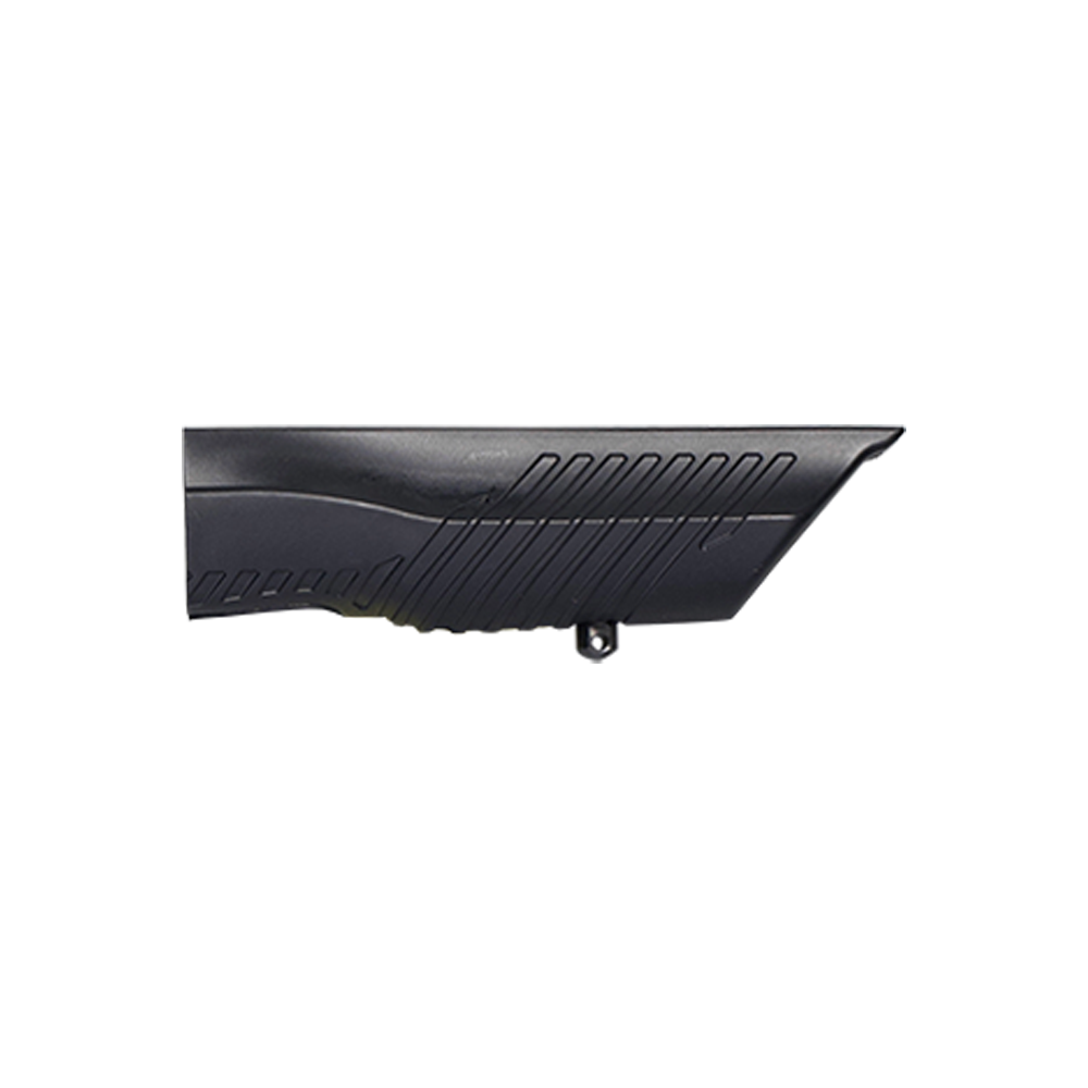 Full-length right-side profile view of a matte black synthetic shotgun replacement forend with textured grip grooves, isolated on a transparent background.