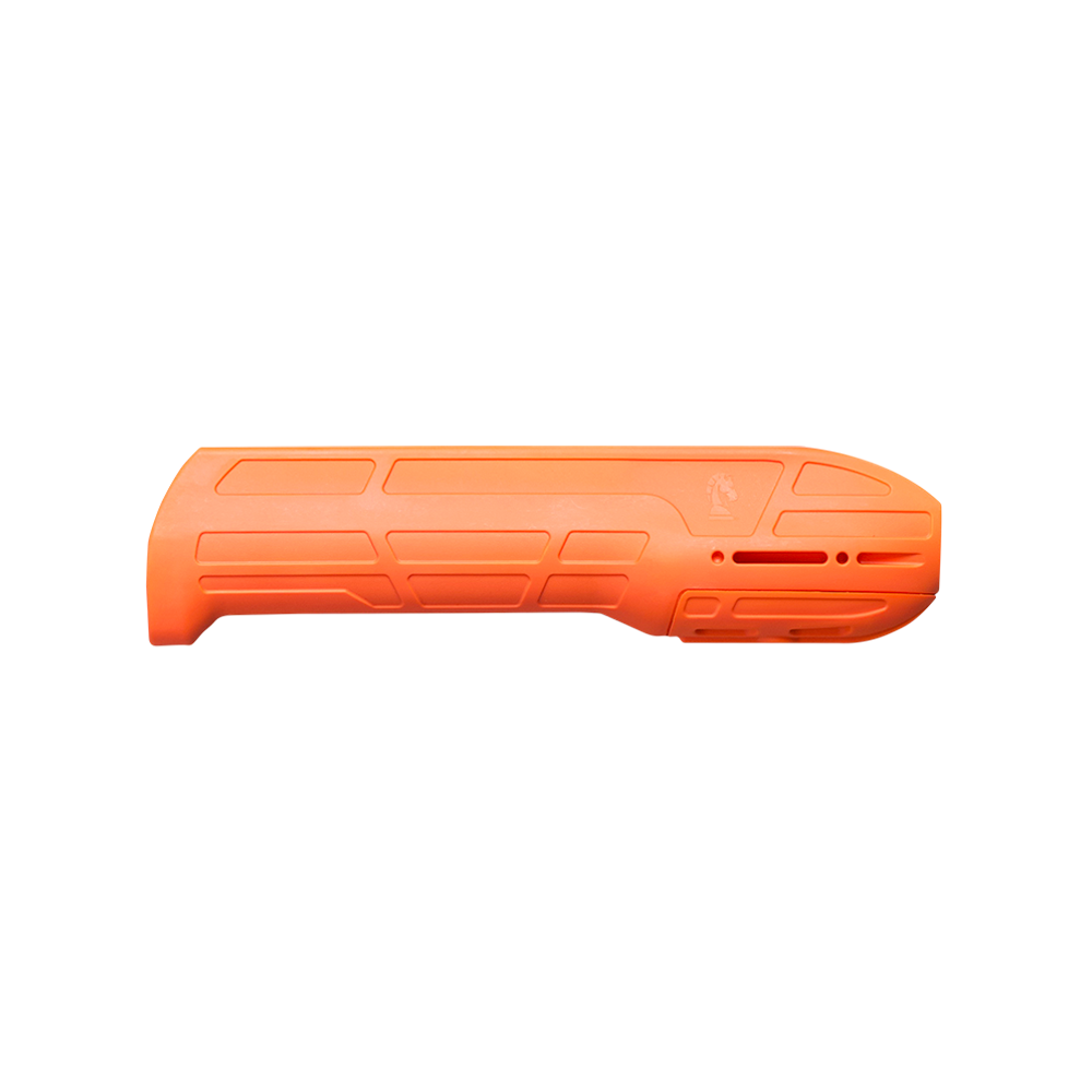 Full-length side profile view of a high-visibility blaze orange synthetic shotgun forend facing right, isolated on a transparent background.
