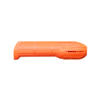 Full-length side profile view of a high-visibility blaze orange synthetic shotgun forend facing right, isolated on a transparent background.