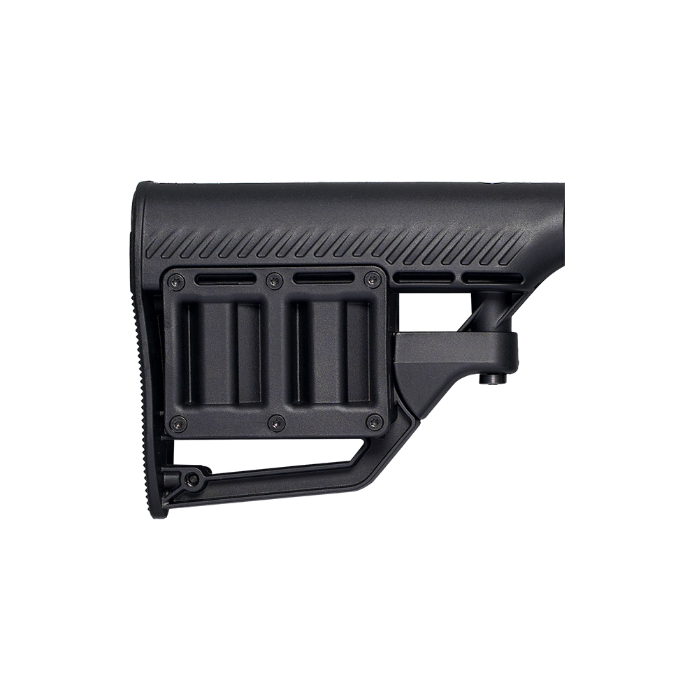 A black tactical rifle stock buttstock with a textured grip and integrated cheek rest, shown from a side profile view on a transparent background.