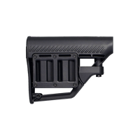 A black tactical rifle stock buttstock with a textured grip and integrated cheek rest, shown from a side profile view on a transparent background.