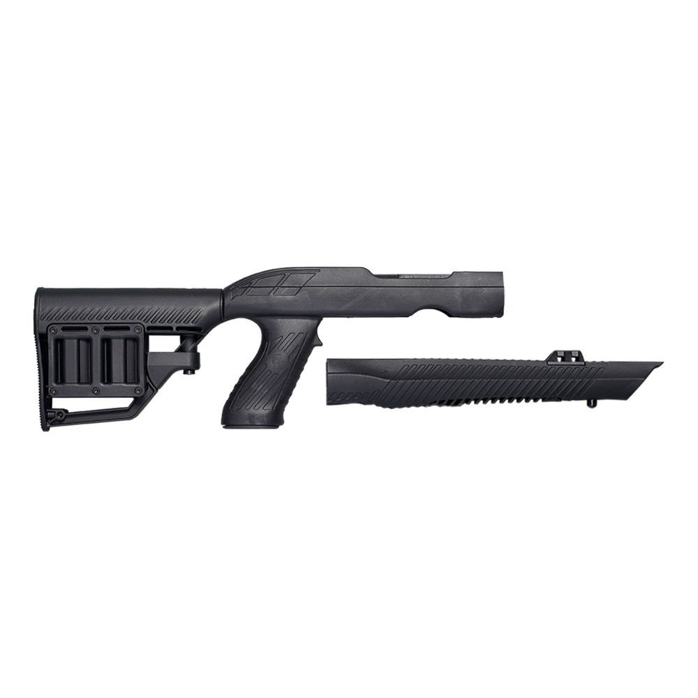 Full-length right-side profile view of a matte black synthetic stock assembly featuring a skeletonized stock with pistol grip positioned beside a matching handguard forend, isolated on a transparent background.