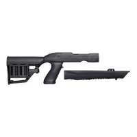 Full-length right-side profile view of a matte black synthetic stock assembly featuring a skeletonized stock with pistol grip positioned beside a matching handguard forend, isolated on a transparent background.