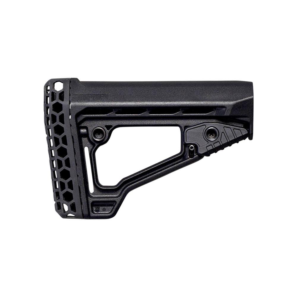 A matte black tactical rifle stock featuring an integrated honeycomb rubber recoil pad, isolated on a transparent background.