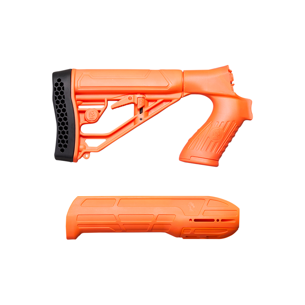 Complete high-visibility blaze orange shotgun furniture upgrade kit featuring an adjustable stock with pistol grip and matching handguard forend, isolated on a transparent background.