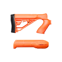Complete high-visibility blaze orange shotgun furniture upgrade kit featuring an adjustable stock with pistol grip and matching handguard forend, isolated on a transparent background.