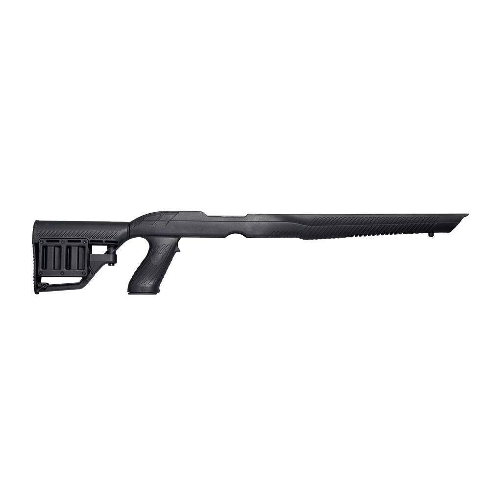 Full-length right-side profile view of a matte black synthetic rifle chassis featuring an adjustable skeletonized buttstock and ergonomic pistol grip, isolated on a transparent background.