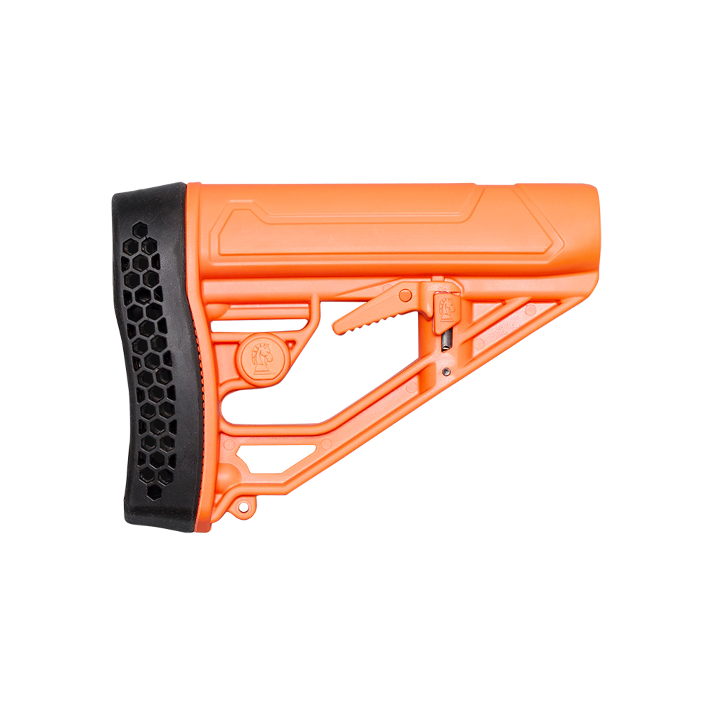 A high-visibility blaze orange adjustable rifle stock featuring a black honeycomb rubber recoil pad, isolated on a transparent background.