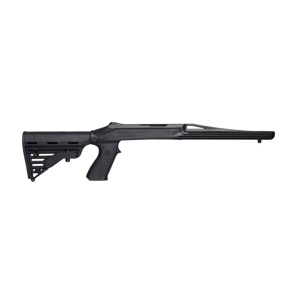 Full-length right-side profile view of a matte black synthetic tactical shotgun stock chassis featuring an adjustable buttstock, pistol grip, and integrated top-picatinny rail barrel shroud, isolated on a transparent background.