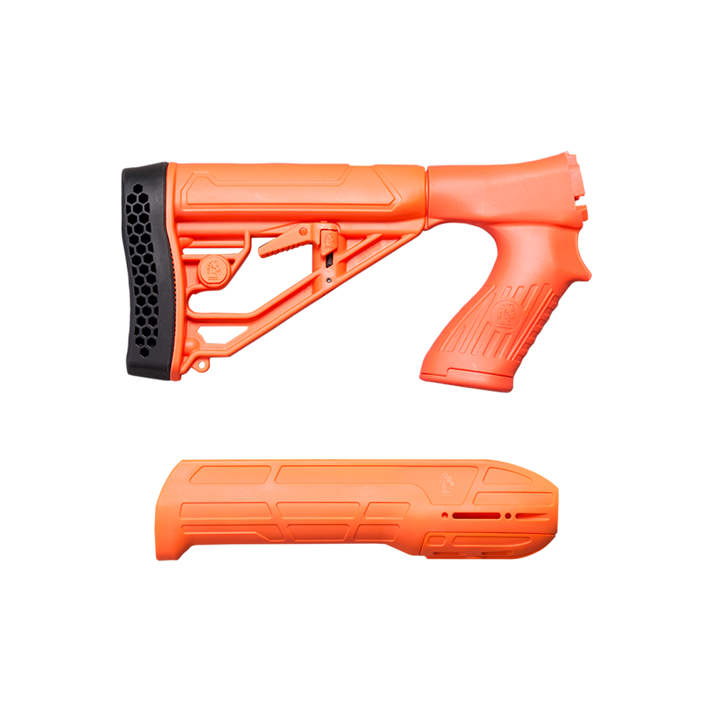 Full-length view of a high-visibility blaze orange shotgun furniture set featuring an adjustable stock with pistol grip and matching handguard forend, isolated on a transparent background.