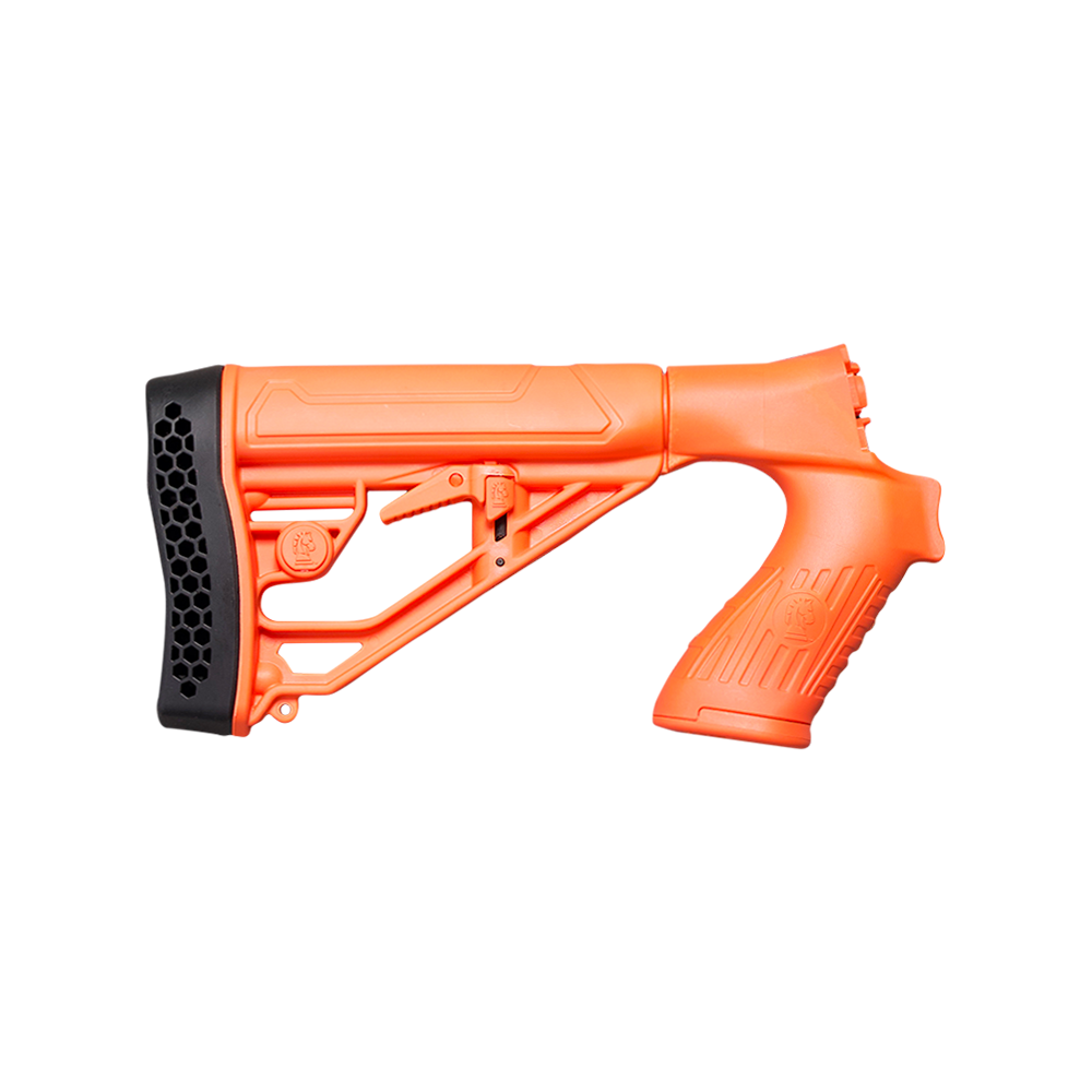 An orange molded plastic rifle stock replacement piece with a black textured butt pad, shown against a transparent background.