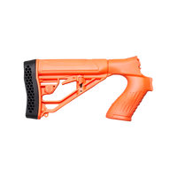 An orange molded plastic rifle stock replacement piece with a black textured butt pad, shown against a transparent background.