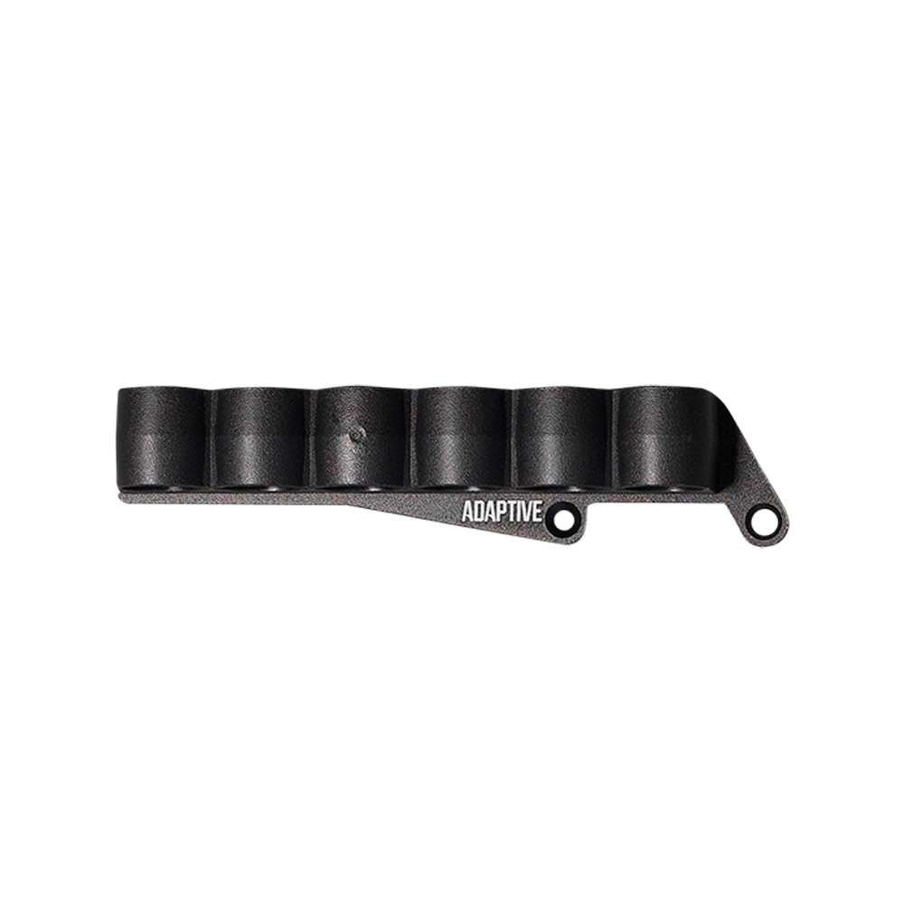 Front-side profile view of a black synthetic 6-shell shotgun side saddle carrier displaying Adaptive branding and receiver mounting screw holes, isolated on a transparent background.