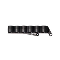 Front-side profile view of a black synthetic 6-shell shotgun side saddle carrier displaying Adaptive branding and receiver mounting screw holes, isolated on a transparent background.