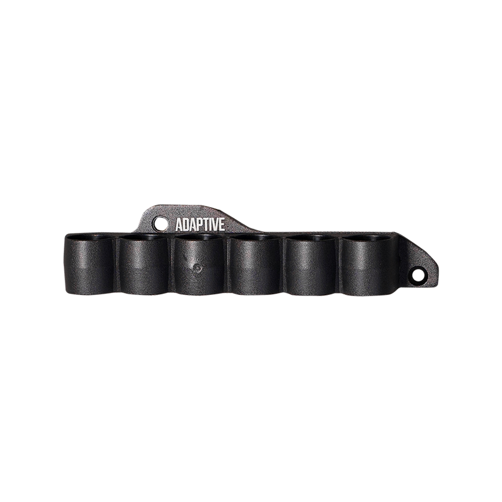 An ergonomic black synthetic 6-round shotgun side saddle shell carrier designed for receiver attachment, displayed on a transparent background.