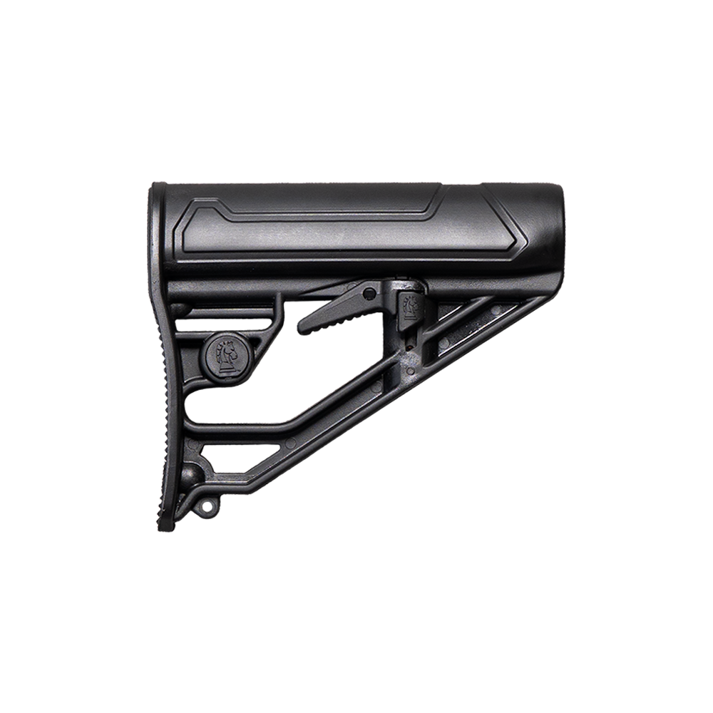 A black adjustable rifle stock with a textured rear cheek rest and molded ergonomic contours, shown on a transparent background.