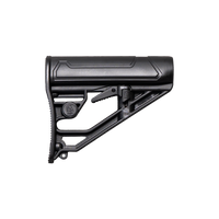 A black adjustable rifle stock with a textured rear cheek rest and molded ergonomic contours, shown on a transparent background.