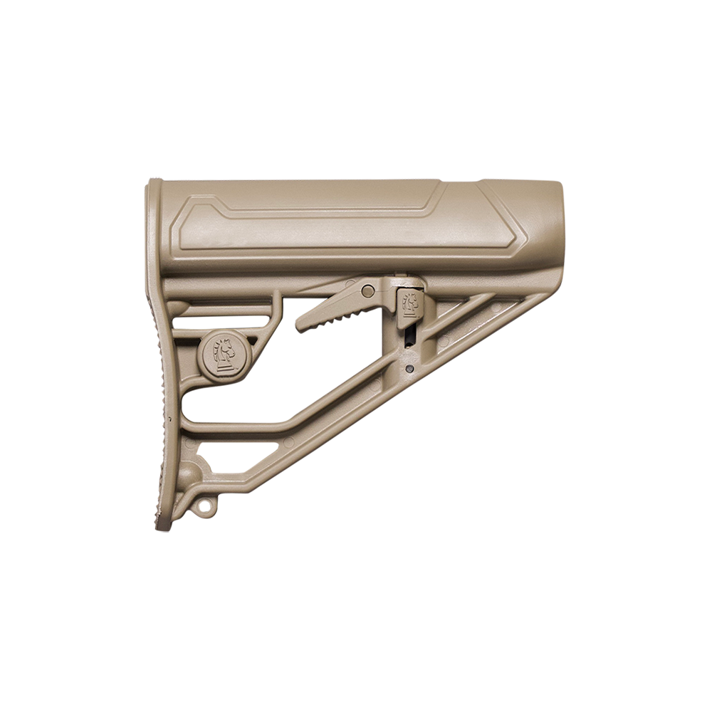 A flat dark earth tan adjustable rifle stock with an integrated QD sling socket, isolated on a transparent background.