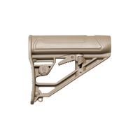 A flat dark earth tan adjustable rifle stock with an integrated QD sling socket, isolated on a transparent background.