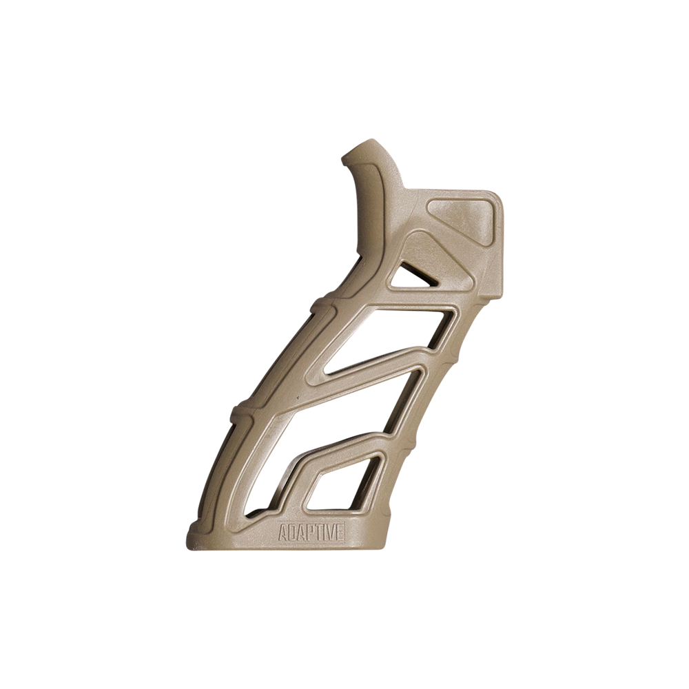 A flat dark earth tan skeletonized lightweight pistol grip featuring the Adaptive logo, isolated on a transparent background.