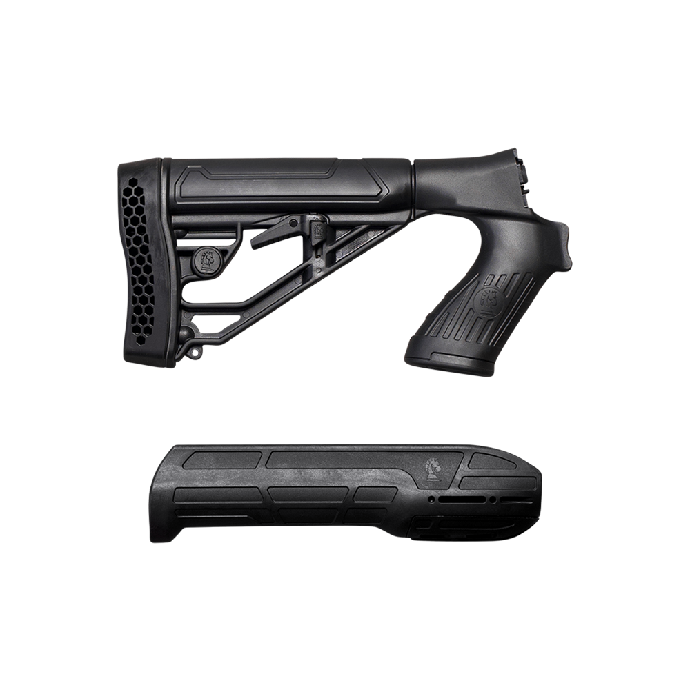 Black tactical firearm stock and handguard set shown from two angles on a transparent background.